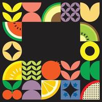 Geometric summer fresh fruit cut artwork poster with colorful simple shapes. Scandinavian styled flat abstract vector pattern design. Minimalist illustration of fruits and leaves on black background.