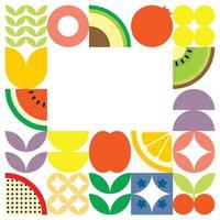 Geometric summer fresh fruit cut artwork poster with colorful simple shapes. Scandinavian styled flat abstract vector pattern design. Minimalist illustration of fruits and leaves on white background.