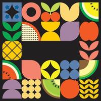 cartel geométrico de verano con frutas frescas cortadas con formas simples y coloridas. diseño de patrón de vector abstracto plano de estilo escandinavo. ilustración minimalista de frutas y hojas sobre fondo negro.