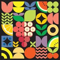 cartel geométrico de verano con frutas frescas cortadas con formas simples y coloridas. diseño de patrón de vector abstracto plano de estilo escandinavo. ilustración minimalista de uvas rojas sobre un fondo negro.