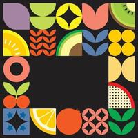 Geometric summer fresh fruit cut artwork poster with colorful simple shapes. Scandinavian styled flat abstract vector pattern design. Minimalist illustration of fruits and leaves on black background.