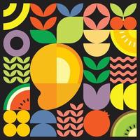 cartel geométrico de verano con frutas frescas cortadas con formas simples y coloridas. diseño de patrón de vector abstracto plano de estilo escandinavo. ilustración minimalista de un mango maduro sobre un fondo negro.