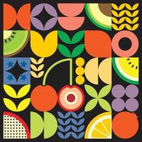Geometric summer fresh fruit cut artwork poster with colorful simple shapes. Scandinavian style flat abstract vector pattern design. Minimalist illustration of a red cherry on a black background.