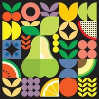 Afiche geométrico de obras de arte de frutas frescas de verano con formas simples y coloridas. diseño de patrón de vector abstracto plano de estilo escandinavo. ilustración minimalista de una manzana de agua verde sobre un fondo negro.