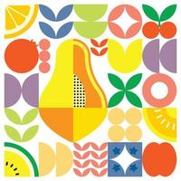 Geometric summer fresh fruit cut artwork poster with colorful simple shapes. Scandinavian style flat abstract vector pattern design. Minimalist illustration of a ripe papaya on a white background.