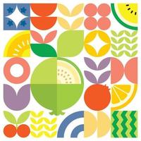 cartel geométrico de verano con frutas frescas cortadas con formas simples y coloridas. diseño de patrón de vector abstracto plano de estilo escandinavo. ilustración minimalista de una guayaba blanca sobre un fondo blanco.