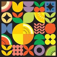 Geometric summer fresh fruit artwork poster with colorful simple shapes. Scandinavian style flat abstract vector pattern design. Minimalist illustration of a yellow passion fruit on black background.