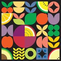Geometric summer fresh fruit artwork poster with colorful simple shapes. Scandinavian style flat abstract vector pattern design. Minimalist illustration of a purple passion fruit on black background.