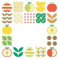 Apple frame abstract artwork. Design illustration of colorful apple pattern, leaves, and geometric symbols in minimalist style. Whole fruit, cut and split. Simple flat vector on a white background.