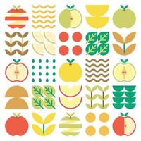ilustraciones abstractas del icono de Apple. ilustración de diseño de patrón de manzana colorido, hojas y símbolos geométricos en estilo minimalista. fruta entera, cortada y partida. simple vector plano sobre un fondo blanco.