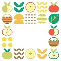 Apple frame abstract artwork. Design illustration of colorful apple pattern, leaves, and geometric symbols in minimalist style. Whole fruit, cut and split. Simple flat vector on a white background.