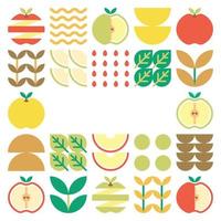 Apple frame abstract artwork. Design illustration of colorful apple pattern, leaves, and geometric symbols in minimalist style. Whole fruit, cut and split. Simple flat vector on a white background.