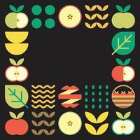 Apple frame abstract artwork. Design illustration of colorful apple pattern, leaves, and geometric symbols in minimalist style. Whole fruit, cut and split. Simple flat vector on a black background.