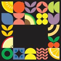 Geometric summer fresh fruit cut artwork poster with colorful simple shapes. Scandinavian styled flat abstract vector pattern design. Minimalist illustration of fruits and leaves on black background.