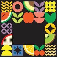 Geometric summer fresh fruit cut artwork poster with colorful simple shapes. Scandinavian styled flat abstract vector pattern design. Minimalist illustration of fruits and leaves on black background.