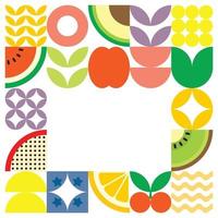 Geometric summer fresh fruit cut artwork poster with colorful simple shapes. Scandinavian styled flat abstract vector pattern design. Minimalist illustration of fruits and leaves on white background.