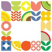 Geometric summer fresh fruit cut artwork poster with colorful simple shapes. Scandinavian styled flat abstract vector pattern design. Minimalist illustration of fruits and leaves on white background.