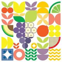 cartel geométrico de verano con frutas frescas cortadas con formas simples y coloridas. diseño de patrón de vector abstracto plano de estilo escandinavo. ilustración minimalista de uvas moradas sobre un fondo blanco.