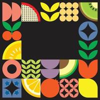 cartel geométrico de verano con frutas frescas cortadas con formas simples y coloridas. diseño de patrón de vector abstracto plano de estilo escandinavo. ilustración minimalista de frutas y hojas sobre fondo negro.