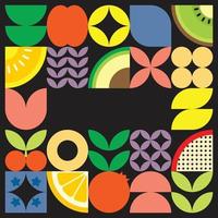 Geometric summer fresh fruit cut artwork poster with colorful simple shapes. Scandinavian styled flat abstract vector pattern design. Minimalist illustration of fruits and leaves on black background.