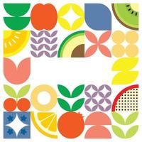 Geometric summer fresh fruit cut artwork poster with colorful simple shapes. Scandinavian styled flat abstract vector pattern design. Minimalist illustration of fruits and leaves on white background.