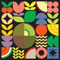 cartel geométrico de verano con frutas frescas cortadas con formas simples y coloridas. diseño de patrón de vector abstracto plano de estilo escandinavo. ilustración minimalista de un kiwi verde sobre un fondo negro.