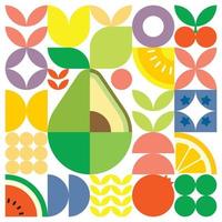 cartel geométrico de verano con frutas frescas cortadas con formas simples y coloridas. diseño de patrón de vector abstracto plano de estilo escandinavo. ilustración minimalista de un aguacate sobre un fondo blanco.