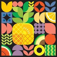 cartel geométrico de verano con frutas frescas cortadas con formas simples y coloridas. diseño de patrón de vector abstracto plano de estilo escandinavo. ilustración minimalista de una piña madura sobre un fondo negro.