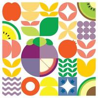 Geometric summer fresh fruit artwork poster with colorful simple shapes. Scandinavian style flat abstract vector pattern design. Minimalist illustration of a purple mangosteen on a white background.