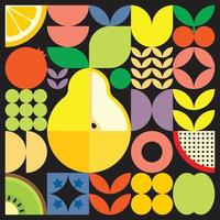 Geometric summer fresh fruit cut artwork poster with colorful simple shapes. Scandinavian style flat abstract vector pattern design. Minimalist illustration of a yellow pear on a black background.