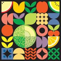 Geometric summer fresh fruit cut artwork poster with colorful simple shapes. Scandinavian style flat abstract vector pattern design. Minimalist illustration of a green melon on a black background.
