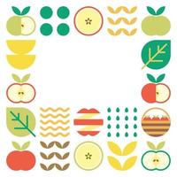 Apple frame abstract artwork. Design illustration of colorful apple pattern, leaves, and geometric symbols in minimalist style. Whole fruit, cut and split. Simple flat vector on a white background.