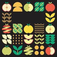 Apple frame abstract artwork. Design illustration of colorful apple pattern, leaves, and geometric symbols in minimalist style. Whole fruit, cut and split. Simple flat vector on a black background.