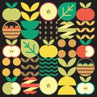 Apple icon abstract artwork. Design illustration of colorful apple pattern, leaves, and geometric symbols in minimalist style. Whole fruit, cut and split. Simple flat vector on a black background.