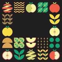 Apple frame abstract artwork. Design illustration of colorful apple pattern, leaves, and geometric symbols in minimalist style. Whole fruit, cut and split. Simple flat vector on a black background.