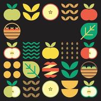 Apple frame abstract artwork. Design illustration of colorful apple pattern, leaves, and geometric symbols in minimalist style. Whole fruit, cut and split. Simple flat vector on a black background.