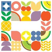 Geometric summer fresh fruit cut artwork poster with colorful simple shapes. Scandinavian styled flat abstract vector pattern design. Minimalist illustration of fruits and leaves on white background.