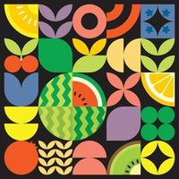 Afiche geométrico de obras de arte de frutas frescas de verano con formas simples y coloridas. diseño de patrón de vector abstracto plano en estilo escandinavo. ilustración minimalista de una sandía roja sobre un fondo negro.
