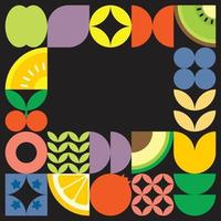 Geometric summer fresh fruit cut artwork poster with colorful simple shapes. Scandinavian styled flat abstract vector pattern design. Minimalist illustration of fruits and leaves on black background.