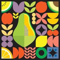 cartel geométrico de verano con frutas frescas cortadas con formas simples y coloridas. diseño de patrón de vector abstracto plano de estilo escandinavo. ilustración minimalista de una papaya verde sobre un fondo negro.