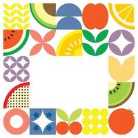 cartel geométrico de verano con frutas frescas cortadas con formas simples y coloridas. diseño de patrón de vector abstracto plano de estilo escandinavo. ilustración minimalista de frutas y hojas sobre fondo blanco.
