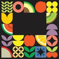 Geometric summer fresh fruit cut artwork poster with colorful simple shapes. Scandinavian styled flat abstract vector pattern design. Minimalist illustration of fruits and leaves on black background.