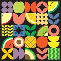 Geometric summer fresh fruit cut artwork poster with colorful simple shapes. Scandinavian styled flat abstract vector pattern design. Minimalist illustration of fruits and leaves on black background.