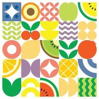 Geometric summer fresh fruit cut artwork poster with colorful simple shapes. Scandinavian styled flat abstract vector pattern design. Minimalist illustration of fruits and leaves on white background.