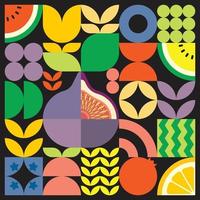 cartel geométrico de verano con frutas frescas cortadas con formas simples y coloridas. diseño de patrón de vector abstracto plano de estilo escandinavo. ilustración minimalista de higos morados sobre un fondo negro.
