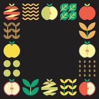 ilustraciones abstractas del marco de la manzana. ilustración de diseño de patrón de manzana colorido, hojas y símbolos geométricos en estilo minimalista. fruta entera, cortada y partida. simple vector plano sobre un fondo negro.