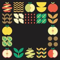 Apple frame abstract artwork. Design illustration of colorful apple pattern, leaves, and geometric symbols in minimalist style. Whole fruit, cut and split. Simple flat vector on a black background.