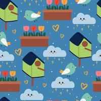 seamless pattern hand drawing cartoon bird, bird house, flower and clouds. cute wallpaper for fabric print, textile vector