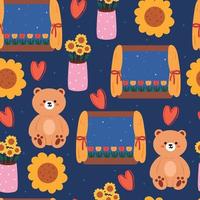 seamless pattern hand drawing cartoon bear, flower and window with night sky. for fabric print, textile