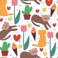 seamless pattern hand drawing cartoon cat, flower and cute element. for fabric print, textile vector